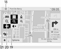 16. Ö: Trafikinformation (TMC - Traffic Message Channel) 17. Hastighetsgräns 18. L: Popup-menyn för inställningar (se alternativen nedan) 19. Ù/Ú: Röstvägledning på/av 20.