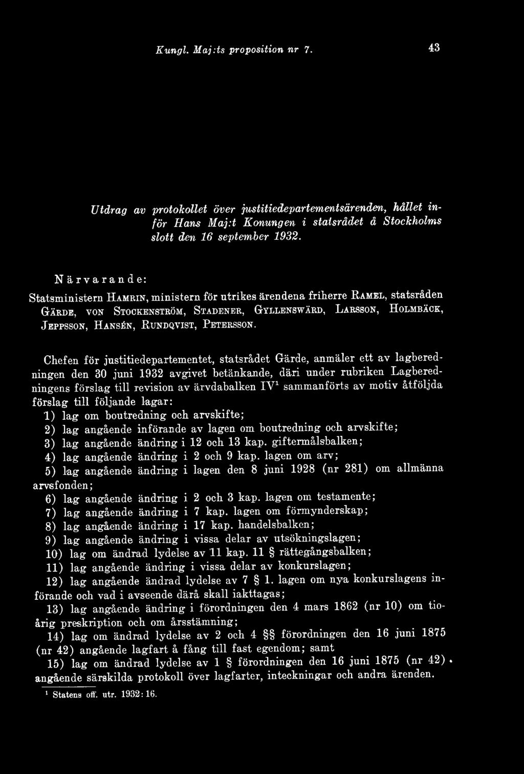Chefen för justitiedepartementet, statsrådet Gärde, anmäler ett av lagberedningen den 30 juni 1932 avgivet betänkande, däri under rubriken Lagberedningens förslag till revision av ärvdabalken IV1