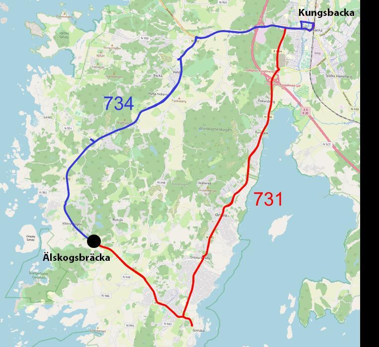 Linje 731 och 734, Älskogsbräcka i Onsala Bakgrund Trafiken på Onsalahalvön utgörs framförallt av linje 731 (Kungsbacka-Onsala- Älskogsbräcka) och linje 734 (Kungsbacka-Vallda-Älskogsbräcka).