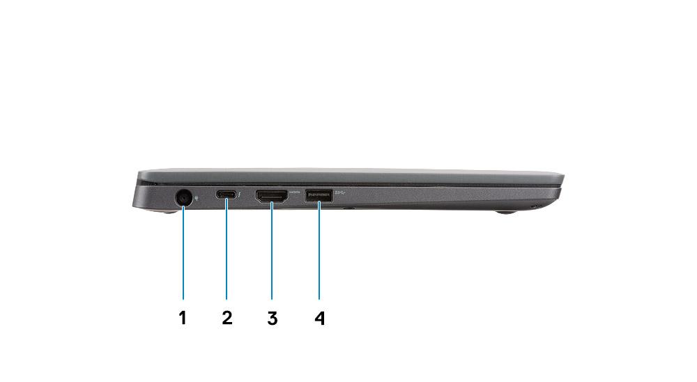 5 IR-emitter 6 Mikrofonmatris 7 Bildskärmspanelen 8 Batteristatus LED Vänster sida 1 Nätadapterport 2 USB typ-c 3.1 Gen 2 port (Thunderbolt) 3 HDMI 1.4a port 4 USB typ-a 3.