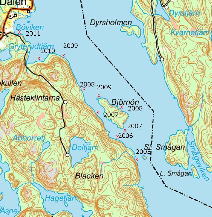 År 2011 kunde provfisket påvisa signalkräftor i Böviken (Dalen), ca 3,5 km norr om Harsnäs, inte långt från närmaste fritidshus/fastboende.