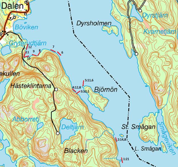 Karta 2. De 12 länkarnas placering vid provfisken i Stora Le. 2017 provfiskades länkarna 1, 2, 3, 4, och 5. I länkarna 1 och 2 var en mjärde trasig med 0 kräfta i fångst.