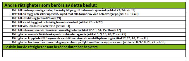 Andra rättigheter som berörs av beslutet I slutet av blanketten finns det en lista på andra rättigheter som kan beröras av