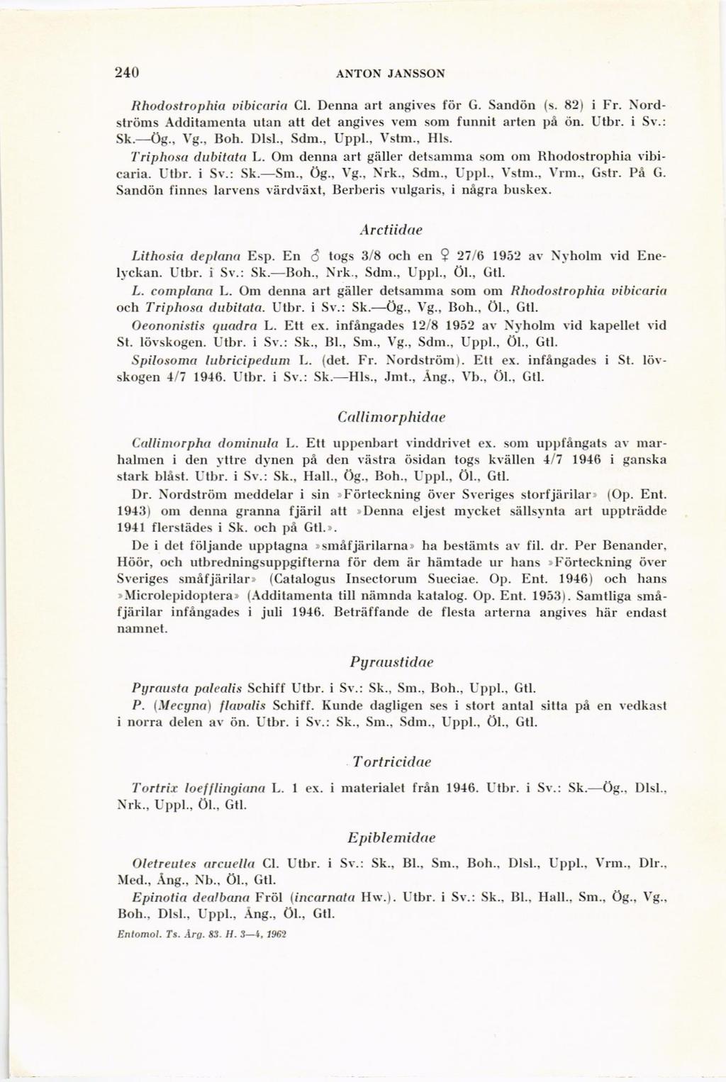 24(l A1!*TON JANSSON Rhodoslrophia oibicoria Cl. Denna art angiyes fdr G. Sandiin (s. 82) i Fr. Nordstriims Additamenta utan att det angives vem som funnil arten pi tin. Utbr. i Sv.: Sk.--O8., \?