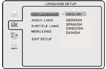 Det finns flera språk att välja på, tryck på & knapparna för att välja mellan de olika alternativen. ENGELSKA/TYSKA/SPANSKA/SVENSKA/DANSKA/ Tryck på ENTER knappen för att bekräfta ditt val.