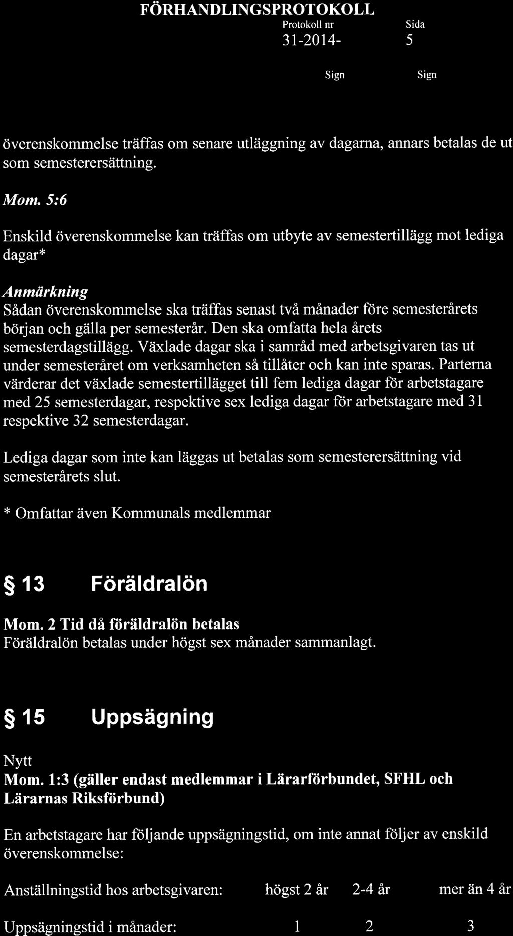FÖRHANDLINGSPROTOKOLL 3r-20r4-5 överenskommelse träffas om senare utläggning av dagarrra, annars betalas de ut som semesterersättning. Mom.