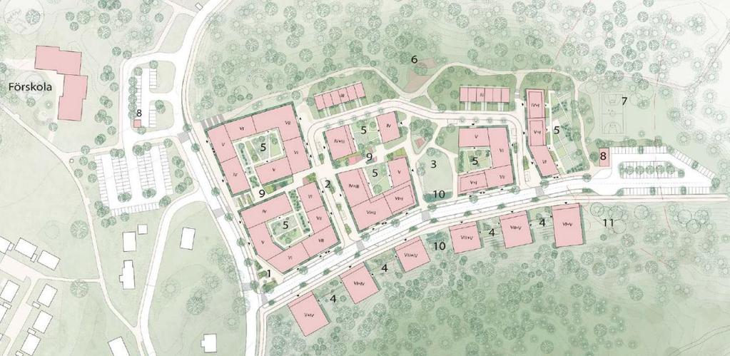 Figur 2: Utdrag ur situationsplan över planerade byggnader. Se Bilaga 3 för förklaringar till denna handling. 2.3 DOKUMENTETS SYFTE Denna utredning och detta dokument har till syfte att översiktligt redogöra för de geotekniska förutsättningarna på aktuellt område.