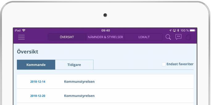 . Markera kryssrutan/stjärnan i kolumnen Gör till favorit för de nämnderna/styrelserna du är intresserad av. 3. Gå sedan tillbaka till vyn Översikt.