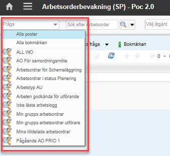 Verktygslisten innehåller först tre rutor med menyvalen Fråga, Sök ( Snabbnyckelfält ) och Välj åtgärd.