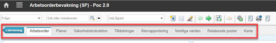Välj åtgärd I varje applikation i Maximo finns möjlighet att Välja åtgärd. Där finns olika specifika åtgärder som kan utföras inom respektive applikation.