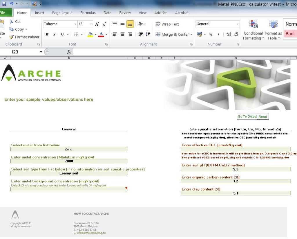Input - Metall - Totalhalt (mg/kg) - Jordtyp (val) - Backgrundshalt (mg/kg) - ecec (cmol c /kg TS) - ph (0.