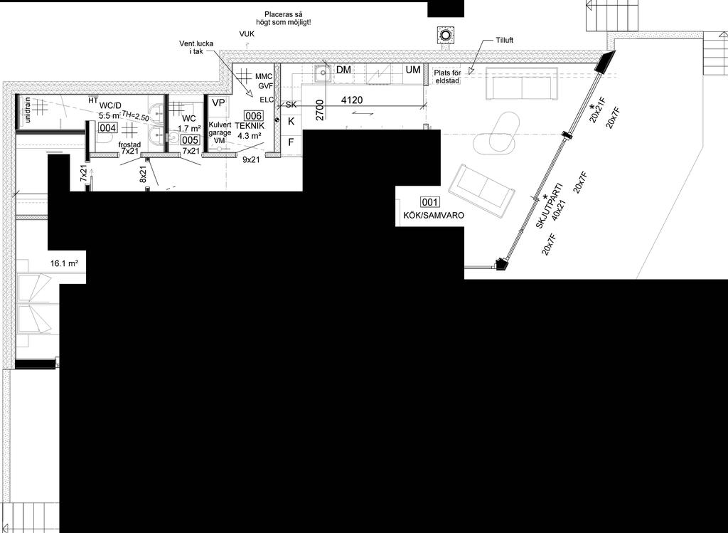 Ev utv skorsten! 131 Dressr. 4.6 m' 2 121 SOVRUM J ------------------ - ;;-: 7-X21 FRP under trapp, 111 >:._ /_1_1_ 111 "' 2x16F,../ Ev skåp; J ' V,- i KYt El 1; köksö -,,--L--...1.----- J r-, C 2x21F 2x7F 54.