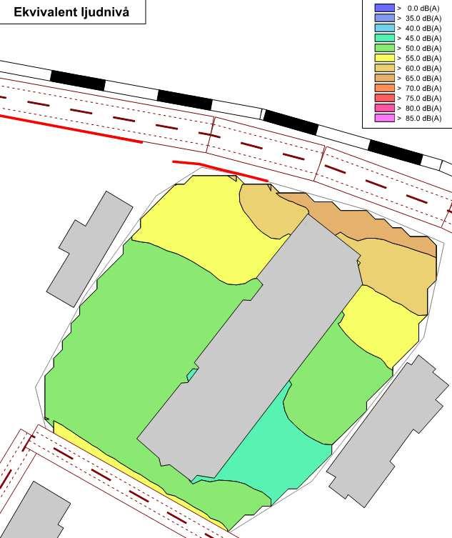 Sida 10 (12) Ekvivalent ljudnivå db(a). Frifältsvärde 1,5 m över mark. Röda sträck markerar befintlig bullerskärm. (ACAD).