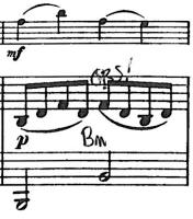 Figur 12, inskannad bild av takt 2-4 ur Concert in H moll, O. Rieding, Op. 35, med mina anteckningar.