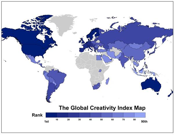 Richard Florida: Kreativitet 1. SWEDEN 0.923 2. UNITED STATES 0.902 3. FINLAND 0.894 4. DENMARK 0.878 5. AUSTRALIA 0.870 6. NEW ZEALAND 0.866 7. CANADA 0.862 8. NORWAY 0.862 9. SINGAPORE 0.858 10.