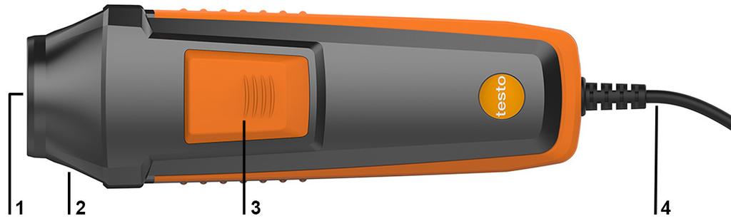 4 Beskrivning av instrumentet Uppbyggnad 1 Insatsöppning för givarhuvuden och adaptrar 3 Knapp 4 Kabel 2 Snabbkoppling för givarhuvuden och adaptrar 4.2 Varmtrådsgivare inkl.
