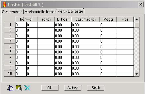 Vertikala laster I fliken vertikala laster, registreras samtliga vertikala laster, som antas angripa överkant väggsegment. Man kan ange flera laster per våning.