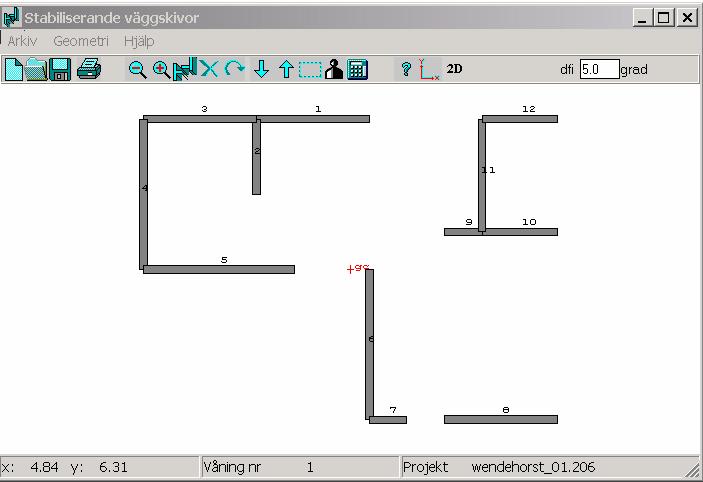 Exempel A206 Indata av väggarna måste ske sektionsvis. I bilden nedan visas ett system med sektioner och i allt 12 väggar. Sektion 1 består av väggarna 1 till och med 5.