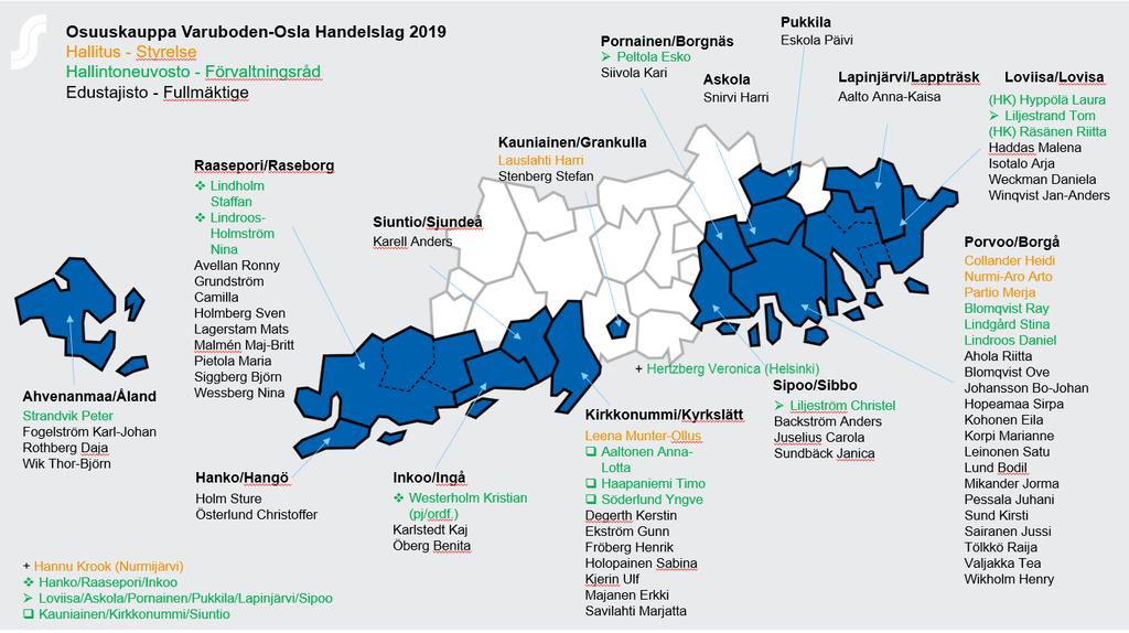 Liljeström Christel Sibbo 31.12.2019 Lindgård Stina Borgå 31.12.2021 Lindholm Staffan Raseborg (Ekenäs) 31.12.2021 Lindroos-Holmström Nina Raseborg (Tenala) 31.12.2019 Lindroos Daniel Borgå 31.12.2020 (Partio Merja Borgå har övergått till styrelsen 1.