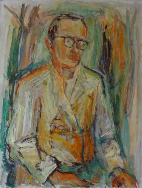 Självporträtt 1964, oljemålning på pannå, 82 x 62 cm. Den där rocken hade han fått av Gösta Södergren. Det är en frisörrock. Den strök han av sig lite färg då & då. Han gjorde många självporträtt.