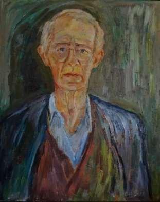 Självporträtt 1987, oljemålning på pannå, 62 x 50 cm. Jag (Per-Anders) kom in på gården en dag och far gick och rånglade. Jag kände på hans panna.