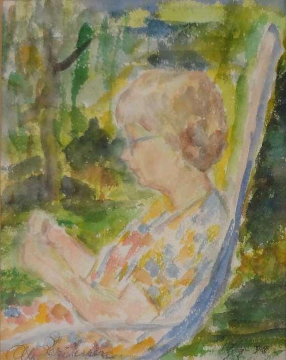 Akvarell 1978, 23 x 19 cm. Det där är vår tålmodiga mor, Greta. Ibland sa hon: Det är jobbigt att ha tre barn. Han tyckte inte om att måla på sommaren. Det var för grönt, tyckte han.