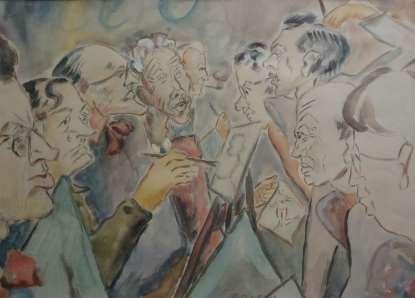 Crocuisklubben akvarell 1949, 37 x 51 cm. Henry Johag, Gösta Södergren, Lennart Lindberg, John Fredriksson, Folke Östlund, Kåge Bergman, Bertil Andersson, Olle Lisper och Greta Ringström.