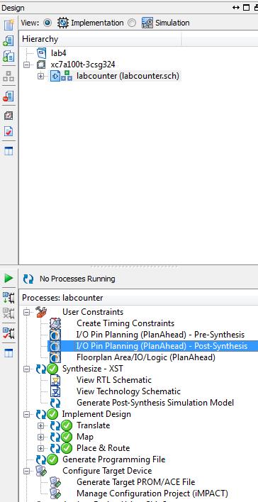 Återgå till huvudprogrammet: Kör sen Synthesize, Implement Design och Generate Programming File.