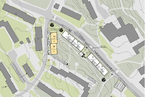 Situationsplan för område 1 av Rosenstenen Det befintliga gång- och cykelstråket sydöst om planområdet flyttas något öster ut, men bibehålls grönt.