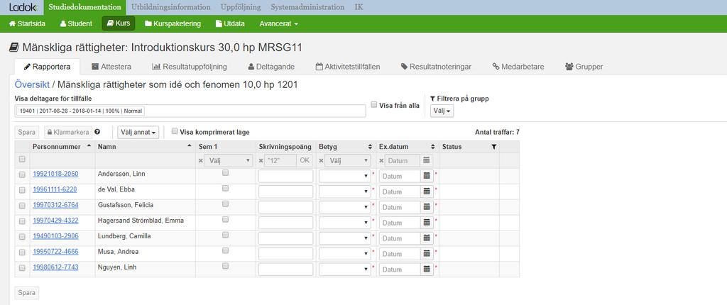 Resultatnotering - checkbox