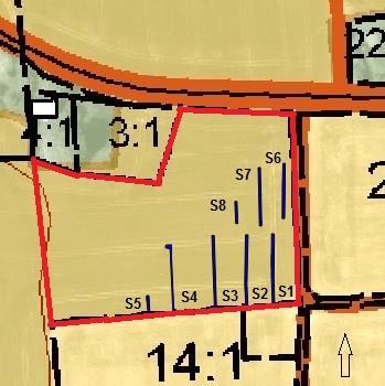Figur 6. Samtliga schakt (S1-8) inom undersökningsområdet (del av fastigheten Gärarp 20:8). Fastighetsgränsen (undersökningsområdet) är markerad med en röd heldragen linje. Underlag: Fastighetskartan.