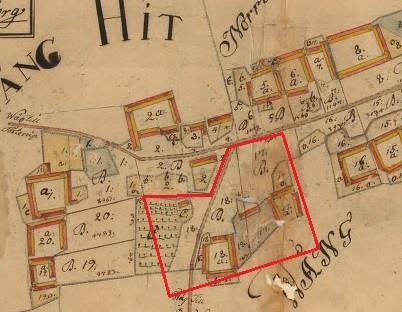 Figur 23. Utsnitt av storskifteskartan från år 1765 över Gärarps bytomt. Den röda markeringen anger den ungefärliga platsen för undersökningsområdet.