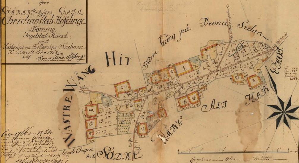 Figur 4. Lantmäterikarta från 1765 över Gärarps bytomt. Den arkeologiska förundersökningen genomfördes på platsen för gård nr 17 och 18 i den södra delen av bytomten.