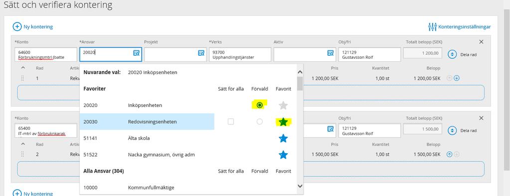 På bilden nedan finns inga värden i konto då system inte vet vad du ska köpa på rekvisitionen.