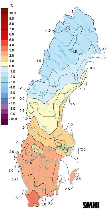 Temperaturavvikelse från normalperioden (1961-1990) maj juni juli augusti september Medeltemperaturens avvikelse