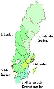 Figur 10. Regional indelning för statistik över fritidsbåtar (färgerna anger de olika regionerna). Figur 11. Fördelningen av emissioner från småbåtar.