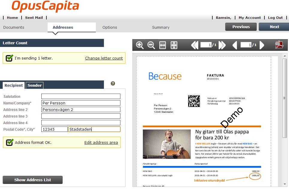 PRINTER DRIVER 9 (13) Du måste välja om ditt uppladdade dokument innehåller ett enda brev till en enda mottagare ( Single letter ) eller om du vill skicka det till två eller flera mottagare (