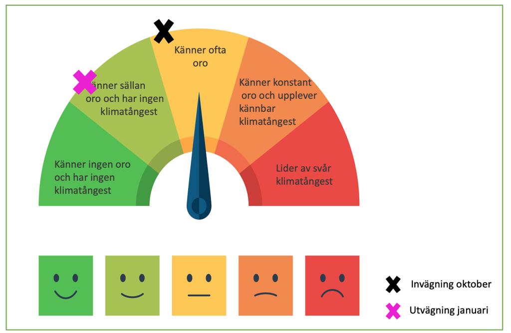 Oro och klimatångest När deltagarna vägde in sig upplevde de ofta oro och hade mild klimatångest. När de vägde ut sig i januari tillhörde det ovanligheten att oroa sig och de hade ingen klimatångest.