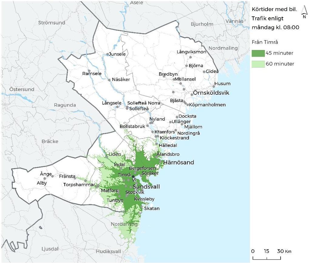 Området man når inom 45 respektive 60 minuter med bil från Timrå.