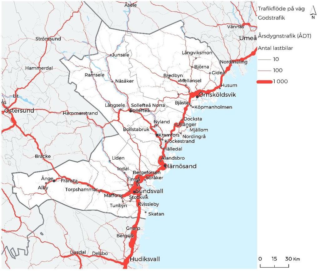 Godstransporter på väg, årsdygnstrafik (ÅDT) från Trafikverkets nationella vägdatabas (NVDB).