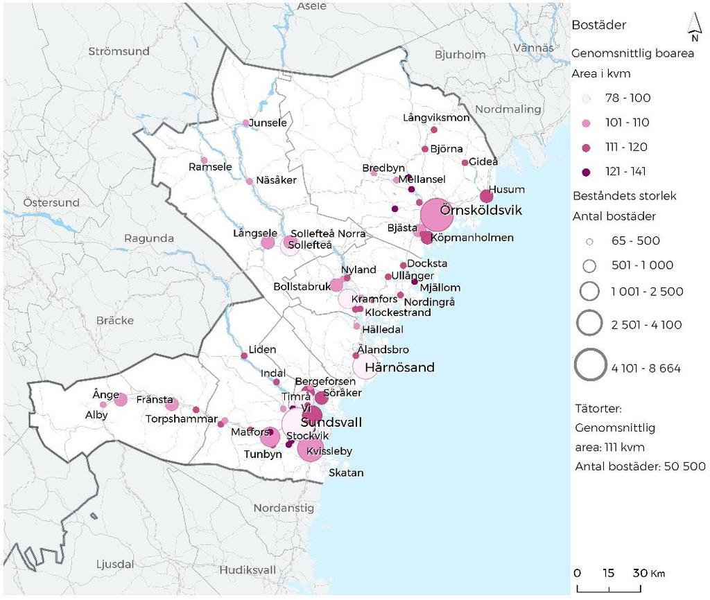 BOSTÄDER OCH BEBYGGELSE Invånarnas genomsnittliga boarea, samt antal bostäder (2017). De större tätorterna har generellt en lägre genomsnittlig boarea än de mindre.