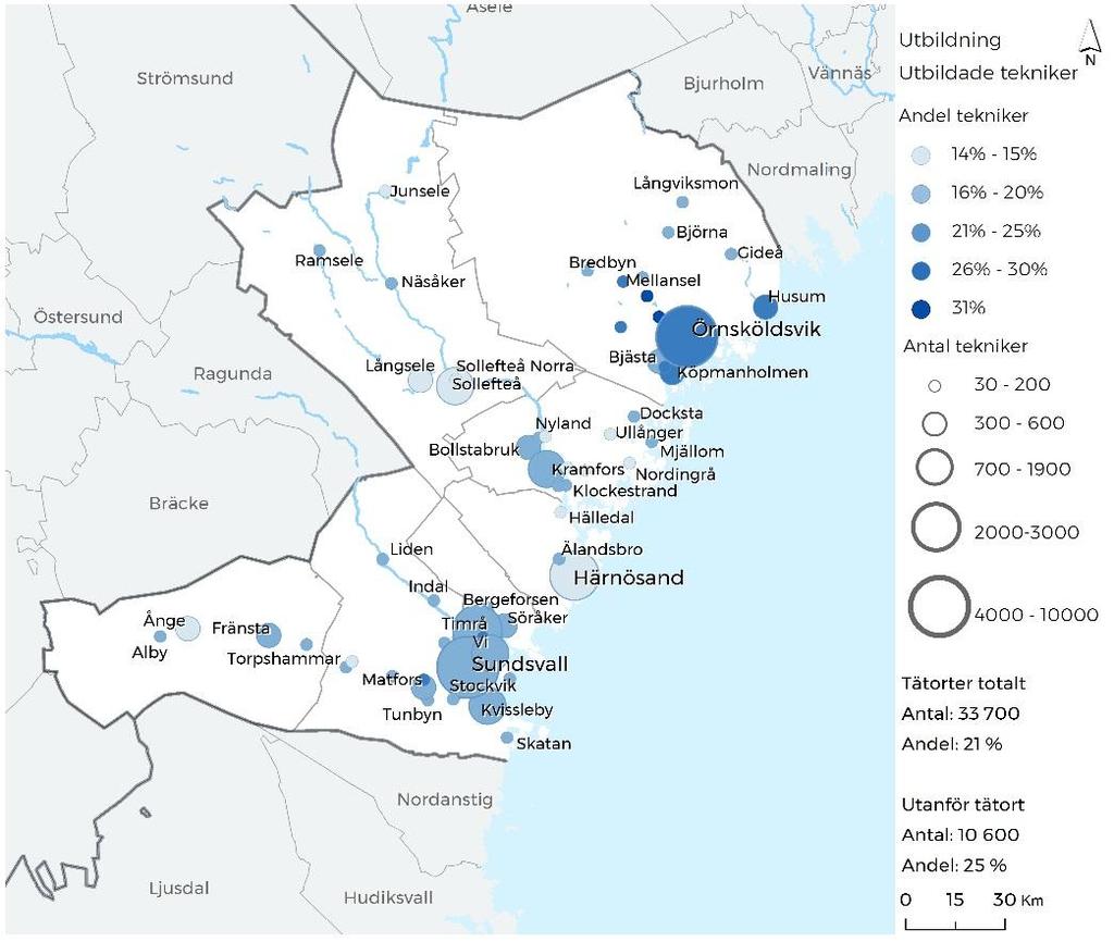 Andel utbildade tekniker (2017). Störst andel tekniker finns i Örnsköldsvik med omnejd. Andelen tekniker är högre utanför tätorterna än i tätorterna.