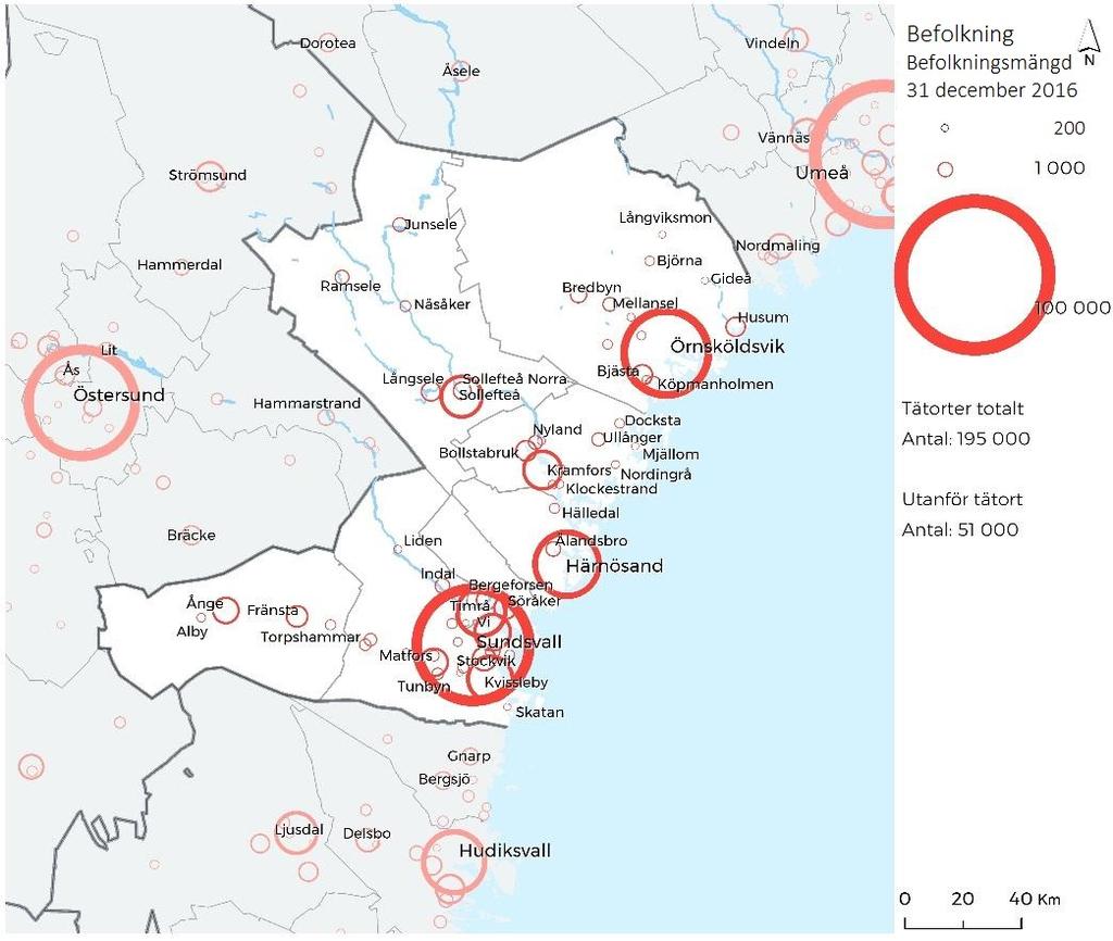 ORTSSTRUKTURER OCH DEMOGRAFI Befolkningsmängd 31 december 2016 per tätort. Cirklarnas storlek visar befolkningsmängden per tätort.