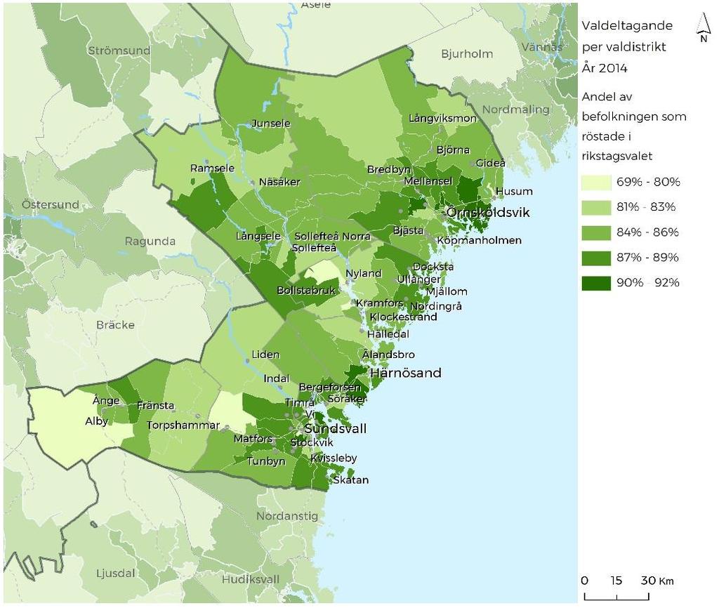 DEMOKRATI Valdeltagande per valdistrikt i riksdagsvalet (2014). Valdistriktens indelning följer inte helt tätorterna, men i allt väsentligt.