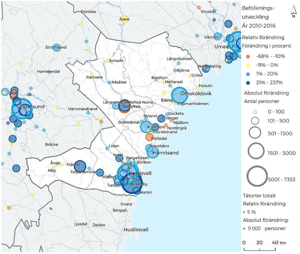 Befolkningsutveckling mellan åren 2010-2016. Totalt växte befolkningen i tätorterna med närmare 9 000 personer.