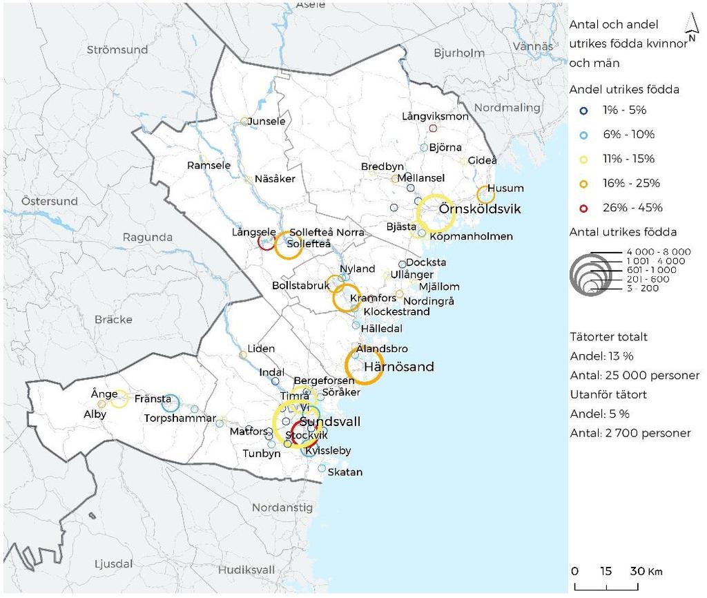 Andelen samt antalet utrikesfödda i tätorter (2017). Andelen utrikes födda är störst i länets mellersta delar, i stråket Härnösand- Kramfors-Sollefteå, med andelar upp mot 25%.