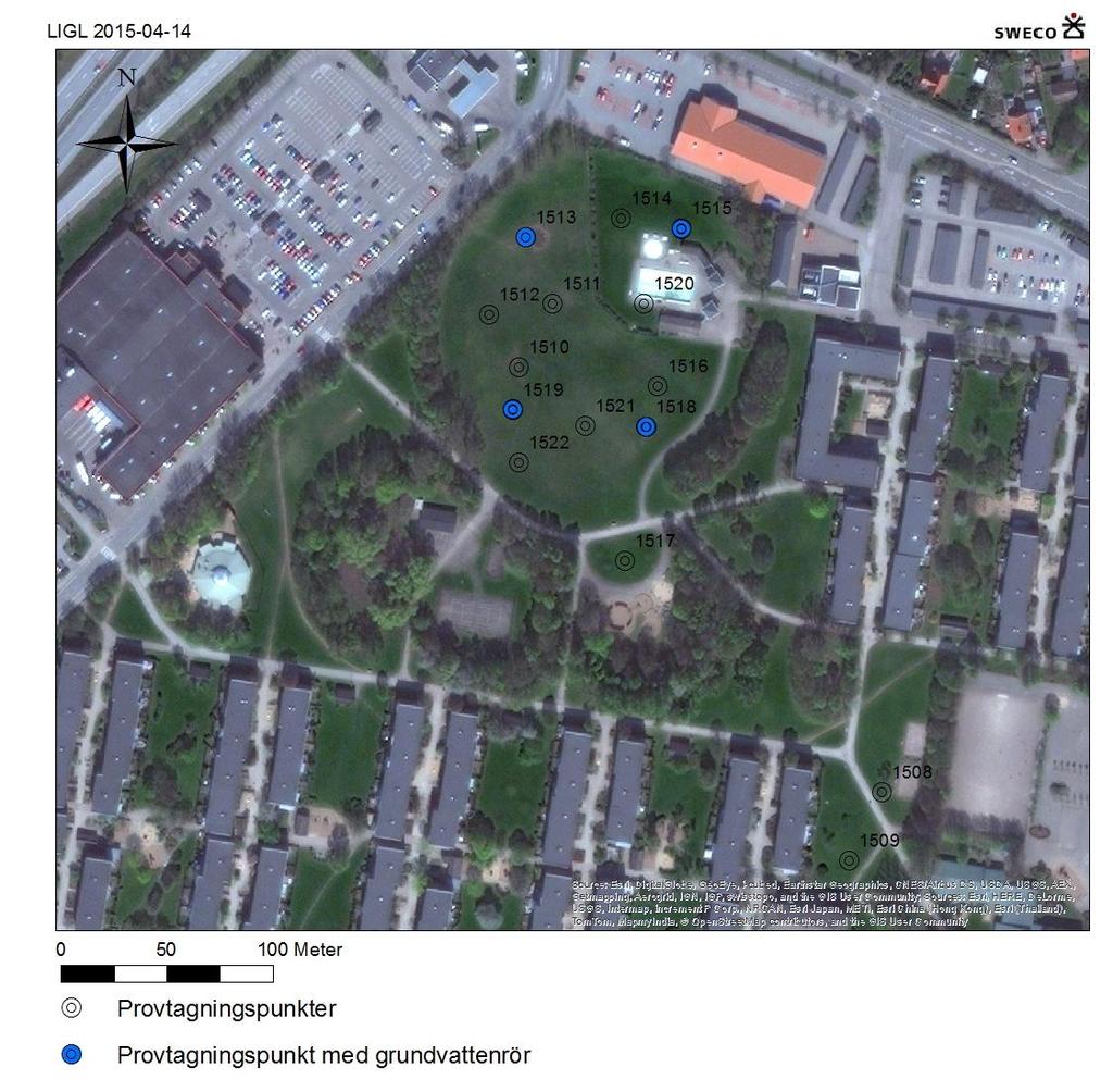 Figur 4 Placering av provtagningspunkter. Provpunkt 1508-1509 ligger inom den gamla äppelodlingen. Här planeras stadsodling. 1517 är placerad där det är tänkt att grisar ska böka.