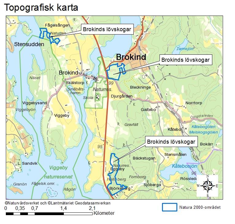 Natura 2000-område Natura 2000-kod Diarienummer Sida 14 av 23 Översiktskartan visar att består av tre delområden söder respektive väster om Brokind i Linköpings kommun.