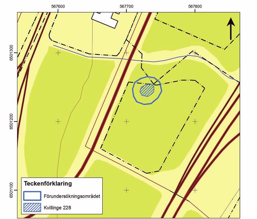 Figur 3. Karta över fornlämningen Kvillinge 228 och det prioriterade förundersökningsområdet. Utdrag ur Fastighetskartan. Skala 1:2 500.