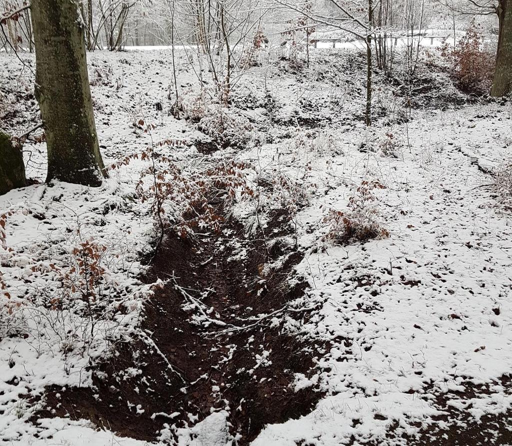 Utflöde från planområdets dagvattenssystem ansluts till befintligt dike i sydöst om fotbollsplanen. Befintlig trumma under väg (BTG 300) Figur 6. Befintligt dike. Bild: Sweco, 2018.